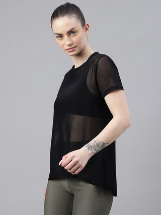 MKH Black Relaxed Fit Mesh T-Shirt Women Breathable Activewear