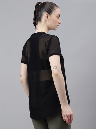 MKH Black Relaxed Fit Mesh T-Shirt Women Breathable Activewear