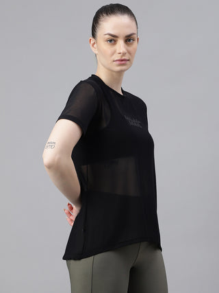 MKH Black Relaxed Fit Mesh T-Shirt Women Breathable Activewear