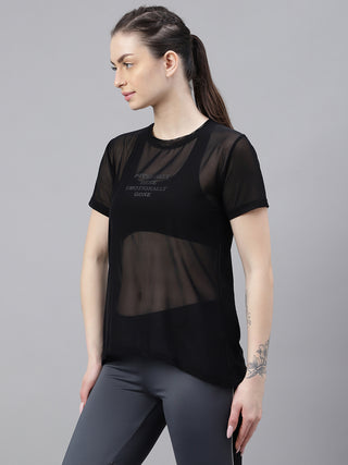 MKH Black Relaxed Fit Mesh Women Lightweight Gym T-Shirt