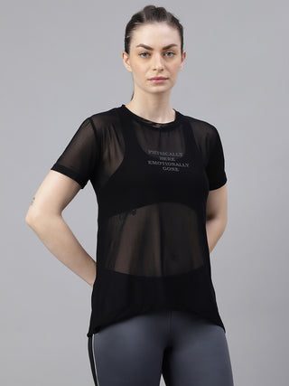 MKH Black Relaxed Fit Mesh Women Lightweight Gym T-Shirt