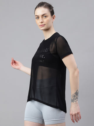 MKH Black Relaxed Fit Mesh T-Shirt Women Casual Athleisure Wear