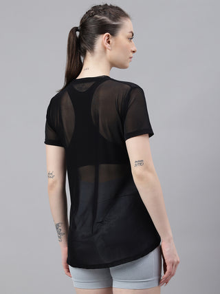 MKH Black Relaxed Fit Mesh T-Shirt Women Casual Athleisure Wear