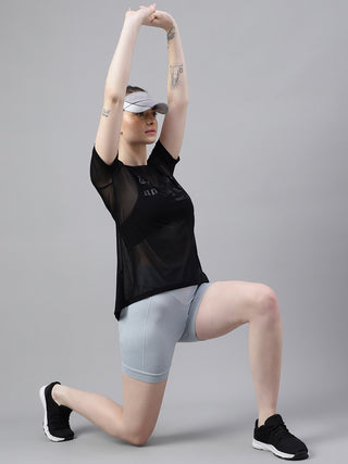 MKH Black Relaxed Fit Mesh T-Shirt Women Casual Athleisure Wear