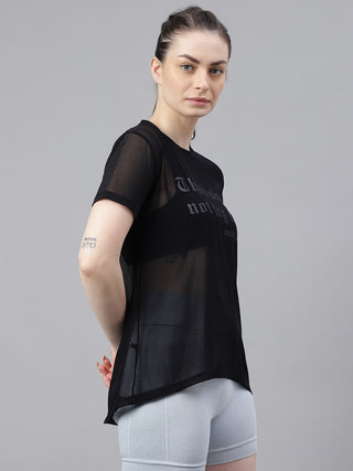 MKH Black Relaxed Fit Mesh T-Shirt Women Casual Athleisure Wear