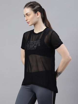 MKH Black Relaxed Fit Mesh T-Shirt Women Sporty Workout Style