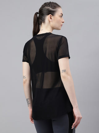 MKH Black Relaxed Fit Mesh T-Shirt Women Sporty Workout Style