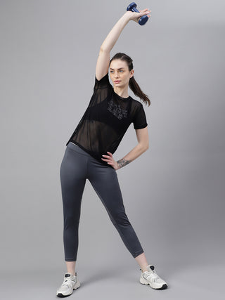 MKH Black Relaxed Fit Mesh T-Shirt Women Sporty Workout Style