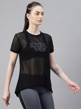 MKH Black Relaxed Fit Mesh T-Shirt Women Sporty Workout Style