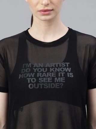 MKH Black Relaxed Fit Mesh T-Shirt Women Sporty Workout Style