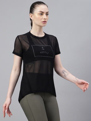MKH Black Relaxed Fit Mesh Women Breathable T-Shirt