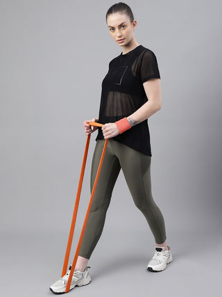 MKH Black Relaxed Fit Mesh Women Breathable T-Shirt