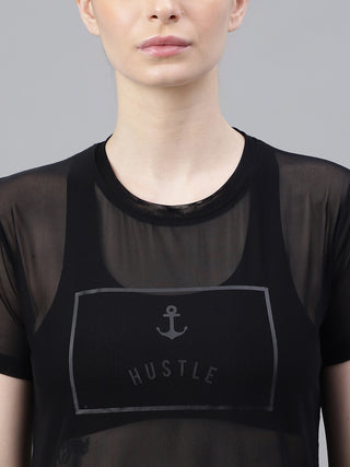 MKH Black Relaxed Fit Mesh Women Breathable T-Shirt