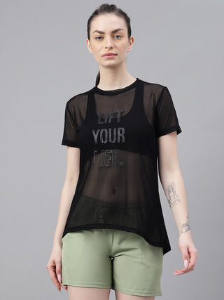 MKH Black Relaxed Fit Mesh T-Shirt Women Everyday Activewear