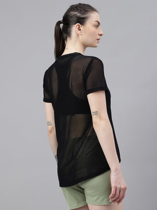 MKH Black Relaxed Fit Mesh T-Shirt Women Everyday Activewear