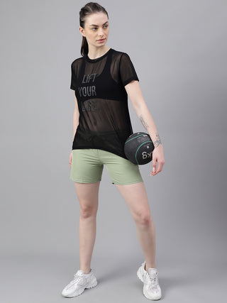 MKH Black Relaxed Fit Mesh T-Shirt Women Everyday Activewear