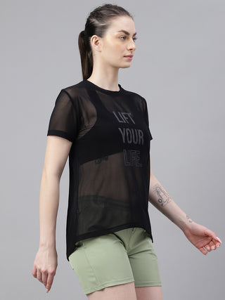 MKH Black Relaxed Fit Mesh T-Shirt Women Everyday Activewear