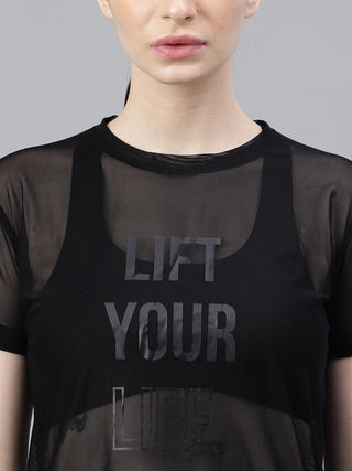 MKH Black Relaxed Fit Mesh T-Shirt Women Everyday Activewear