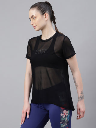 MKH Black Relaxed Fit Mesh T-Shirt Women Gym Training Essential