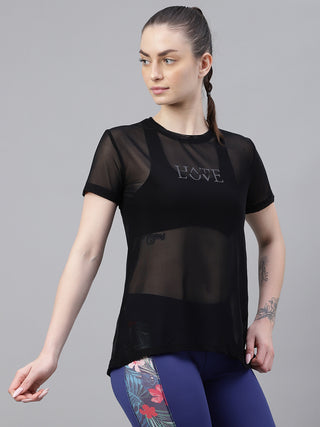 MKH Black Relaxed Fit Mesh T-Shirt Women Gym Training Essential