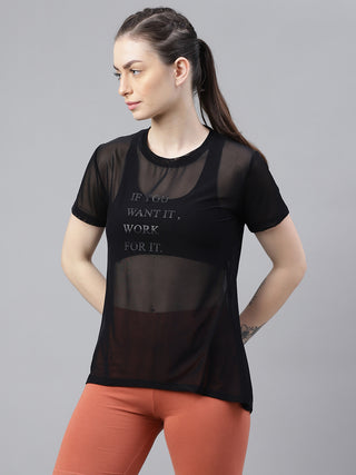 MKH Black Relaxed Fit Mesh T-Shirt Women Yoga And Fitness Wear