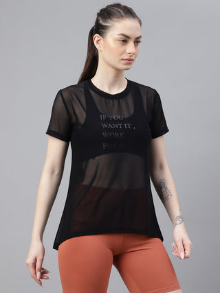 MKH Black Relaxed Fit Mesh T-Shirt Women Yoga And Fitness Wear