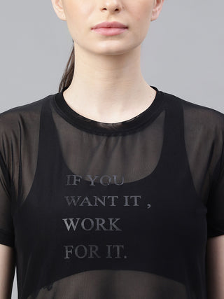 MKH Black Relaxed Fit Mesh T-Shirt Women Yoga And Fitness Wear