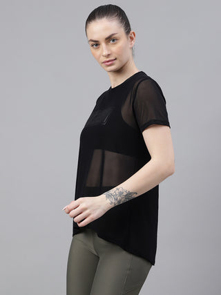 MKH Black Relaxed Fit Mesh T-Shirt Women Casual Gym Outfit