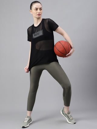 MKH Black Relaxed Fit Mesh T-Shirt Women Casual Gym Outfit
