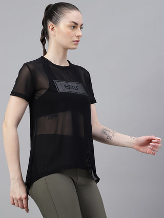MKH Black Relaxed Fit Mesh T-Shirt Women Casual Gym Outfit