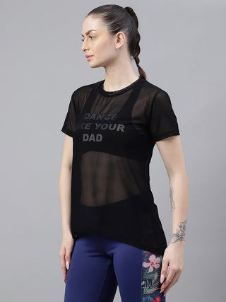 MKH Black Relaxed Fit Mesh T-Shirt Women Breathable Workout Layer