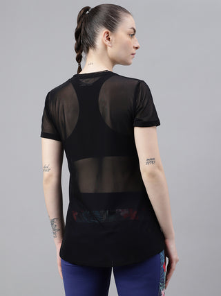 MKH Black Relaxed Fit Mesh T-Shirt Women Breathable Workout Layer