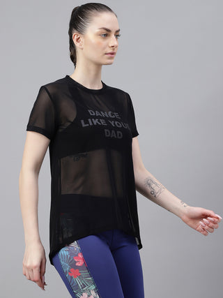 MKH Black Relaxed Fit Mesh T-Shirt Women Breathable Workout Layer