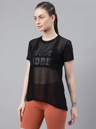 MKH Black Relaxed Fit Mesh Women Athleisure Fashion T-Shirt