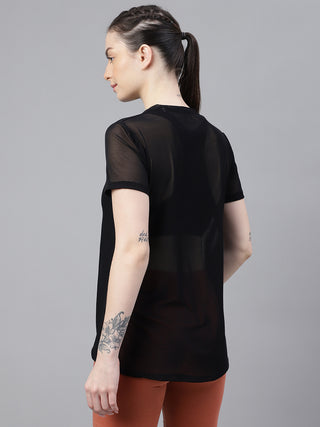 MKH Black Relaxed Fit Mesh Women Athleisure Fashion T-Shirt