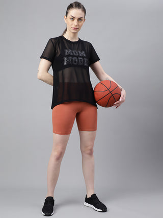 MKH Black Relaxed Fit Mesh Women Athleisure Fashion T-Shirt