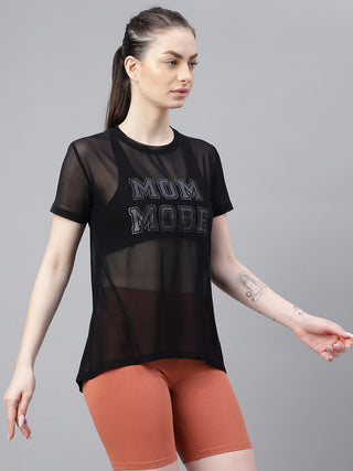 MKH Black Relaxed Fit Mesh Women Athleisure Fashion T-Shirt
