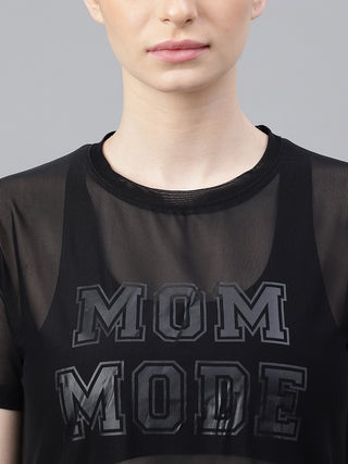 MKH Black Relaxed Fit Mesh Women Athleisure Fashion T-Shirt