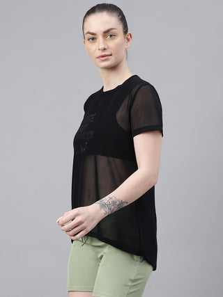 MKH Black Relaxed Fit Mesh T-Shirt Women Comfortable Activewear