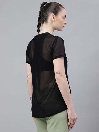 MKH Black Relaxed Fit Mesh T-Shirt Women Comfortable Activewear