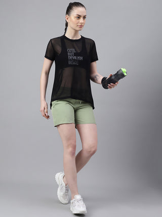 MKH Black Relaxed Fit Mesh T-Shirt Women Comfortable Activewear
