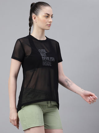 MKH Black Relaxed Fit Mesh T-Shirt Women Comfortable Activewear