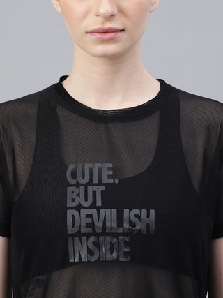 MKH Black Relaxed Fit Mesh T-Shirt Women Comfortable Activewear