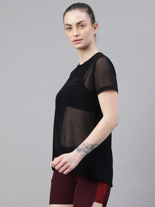 MKH Black Relaxed Fit Mesh T-Shirt Women Sporty Streetwear Look