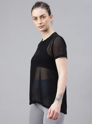 MKH Black Relaxed Fit Mesh Women Training And Running T-Shirt
