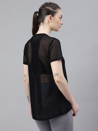 MKH Black Relaxed Fit Mesh Women Training And Running T-Shirt