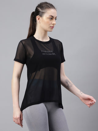 MKH Black Relaxed Fit Mesh Women Training And Running T-Shirt
