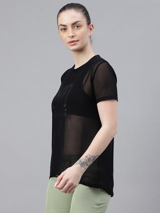 MKH Black Relaxed Fit Mesh T-Shirt Women Stylish Gym Wear