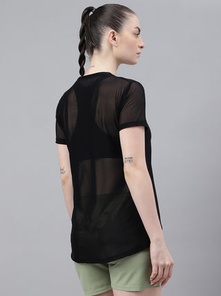 MKH Black Relaxed Fit Mesh T-Shirt Women Stylish Gym Wear