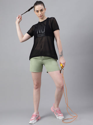MKH Black Relaxed Fit Mesh T-Shirt Women Stylish Gym Wear